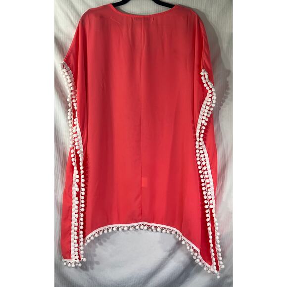 Adreamly Red Chiffon White Tassel Kaftan Beach Cover Up Size Small - Picture 2 of 5